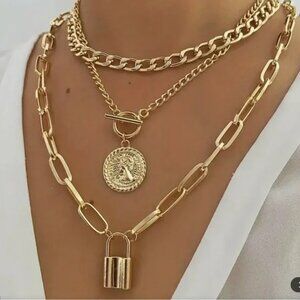 Multilayer Paperclip Chain With Padlock, Cuban Links & Round Portrait Pendant